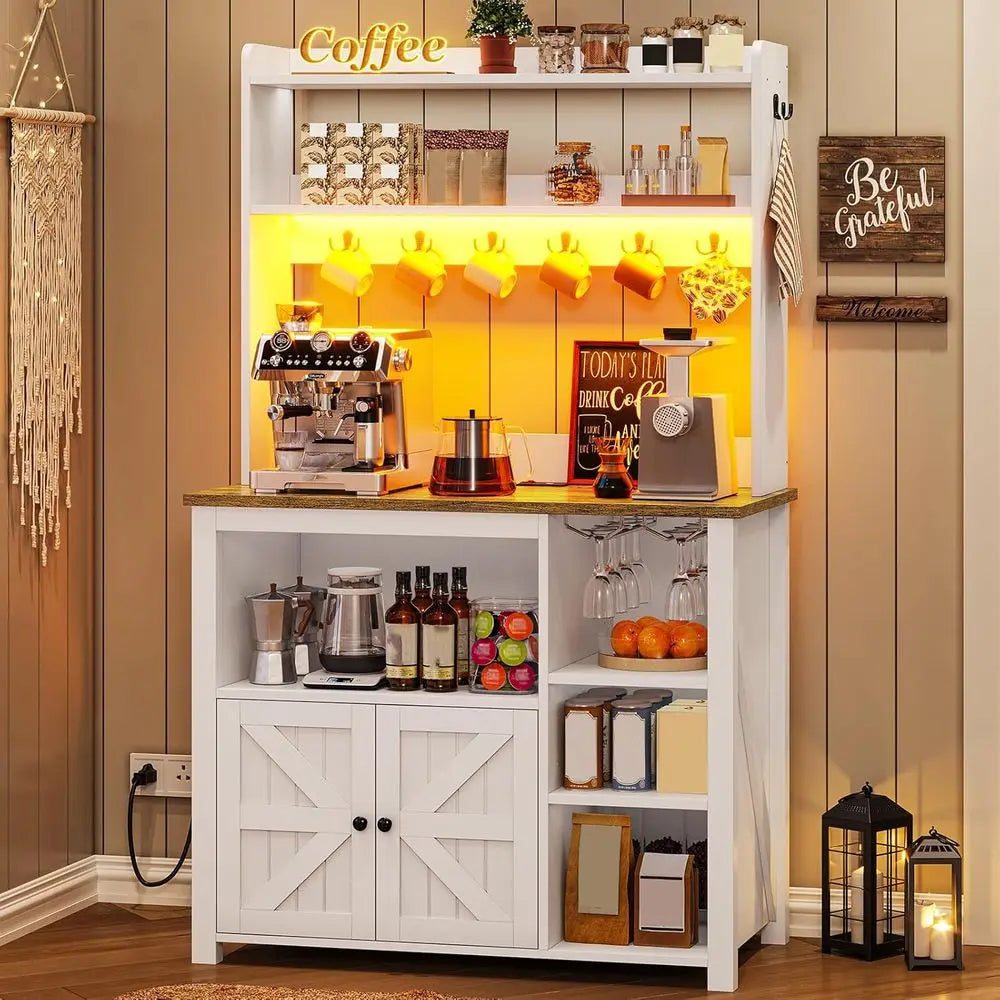 35.4 inch Bakers Rack with Power Outlet and Storage, armhouse Coee Bar Cabinet, Microwave Stand Kitchen Cabinet with Hutch, LED