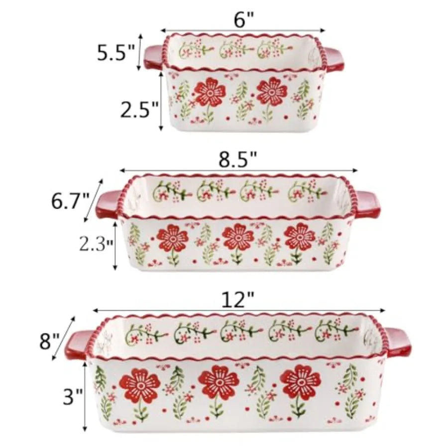 3 Pack Ceramic Baking Dishes Rectangular Bakeware Set Hand-painted Lasagna Pan Porcelain Serving Bakeware for Pasta Chicken Kit