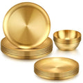 18 Pcs Gold Stainless Steel Dinnerware Set 10'' Metal Gold Dinner Plates 8'' Thickened Dinner Dishes 3.5'' Sauce Bowls Stackabl