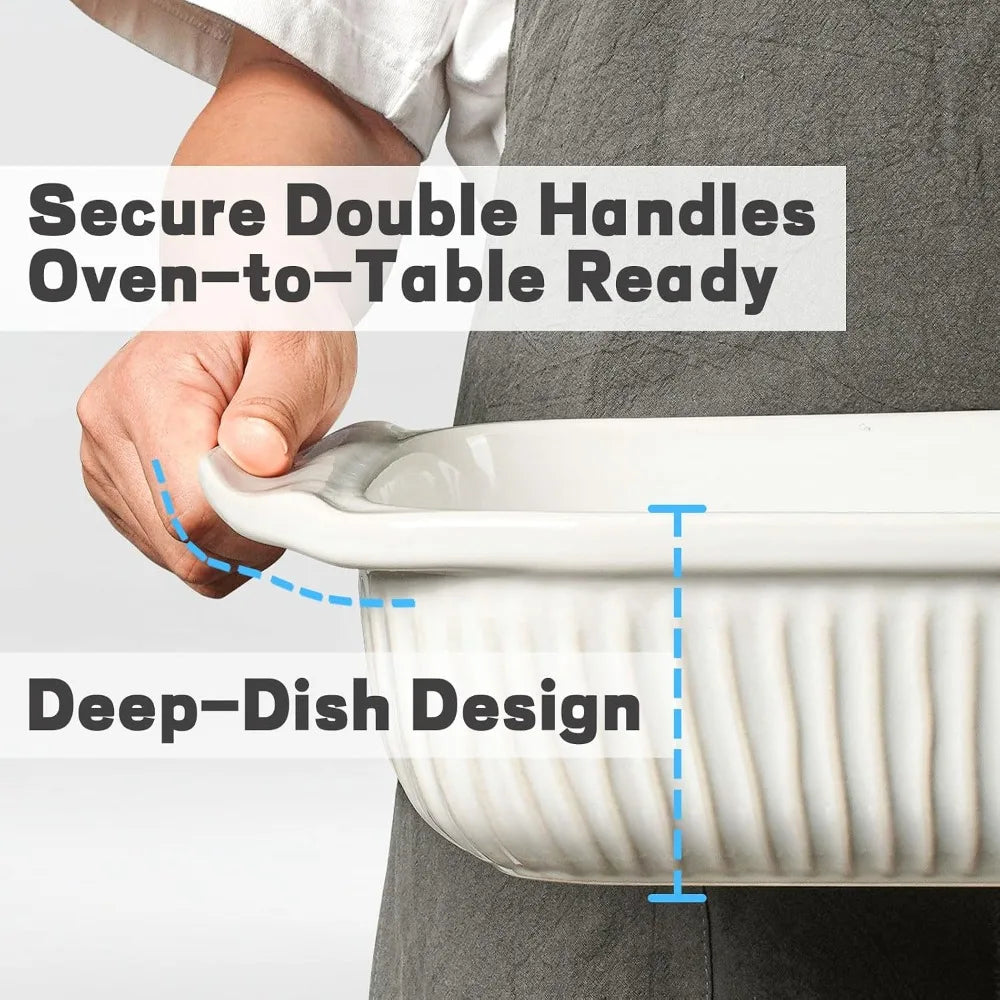 3-Piece Ceramic Baking Dish Set with Lids, Oven-Safe Casserole Dishes, Large Lasagna Pan with Handles, Deep Rectangular Bakeware, White, 5.1Qt/2.3Qt/1.1Qt