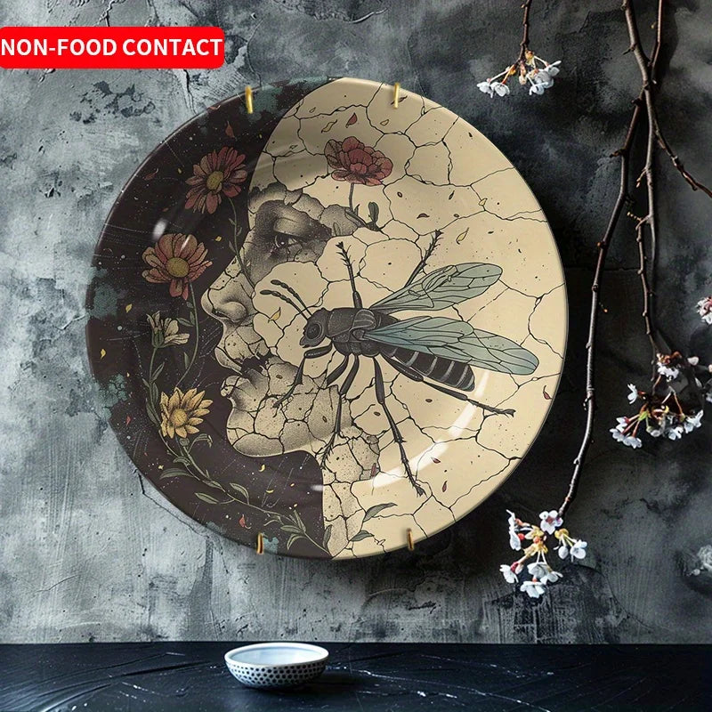 1pc Insect Art Ceramic Decorative Plate Cracked Glaze Design Home Tabletop Decor Non-Food ContactFor Home, Living Room, Study,
