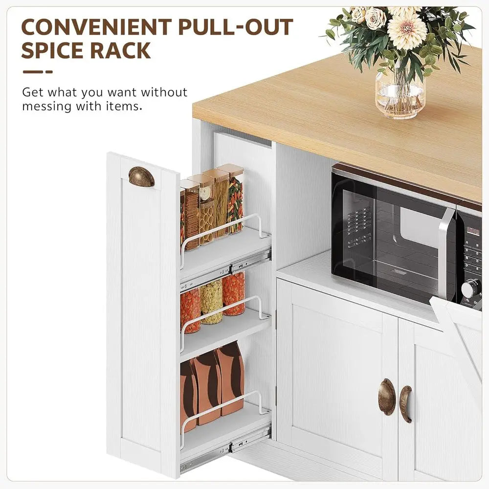 Kitchen Island with Storage, 63" W Large Island Table with Trash Can, armhouse Kitchen Islands with Power Outlet/LED, Rolling Ca