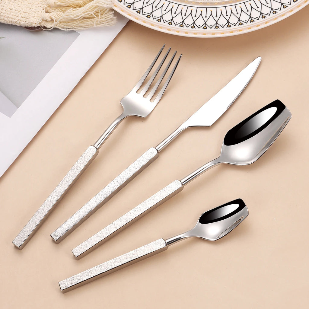 4/6/12/16/24Pcs Sliver Tableware Stainless Steel 304 Cutlery Set Western Cube Handle Dinner Set Mirror Gold Knife Fork Spoon