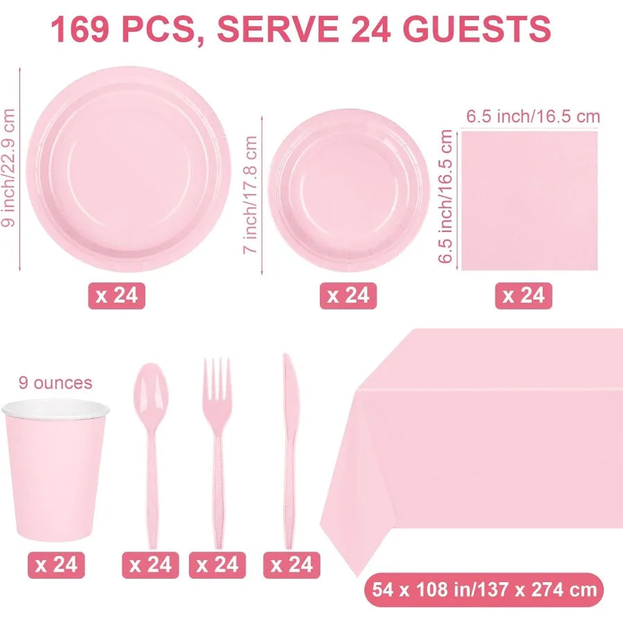 169 Pieces Light Pink Party Supplies Disposable Dinnerware Set with Plates Cups Napkins Plastic Cutlery and Tablecloth for Eleg