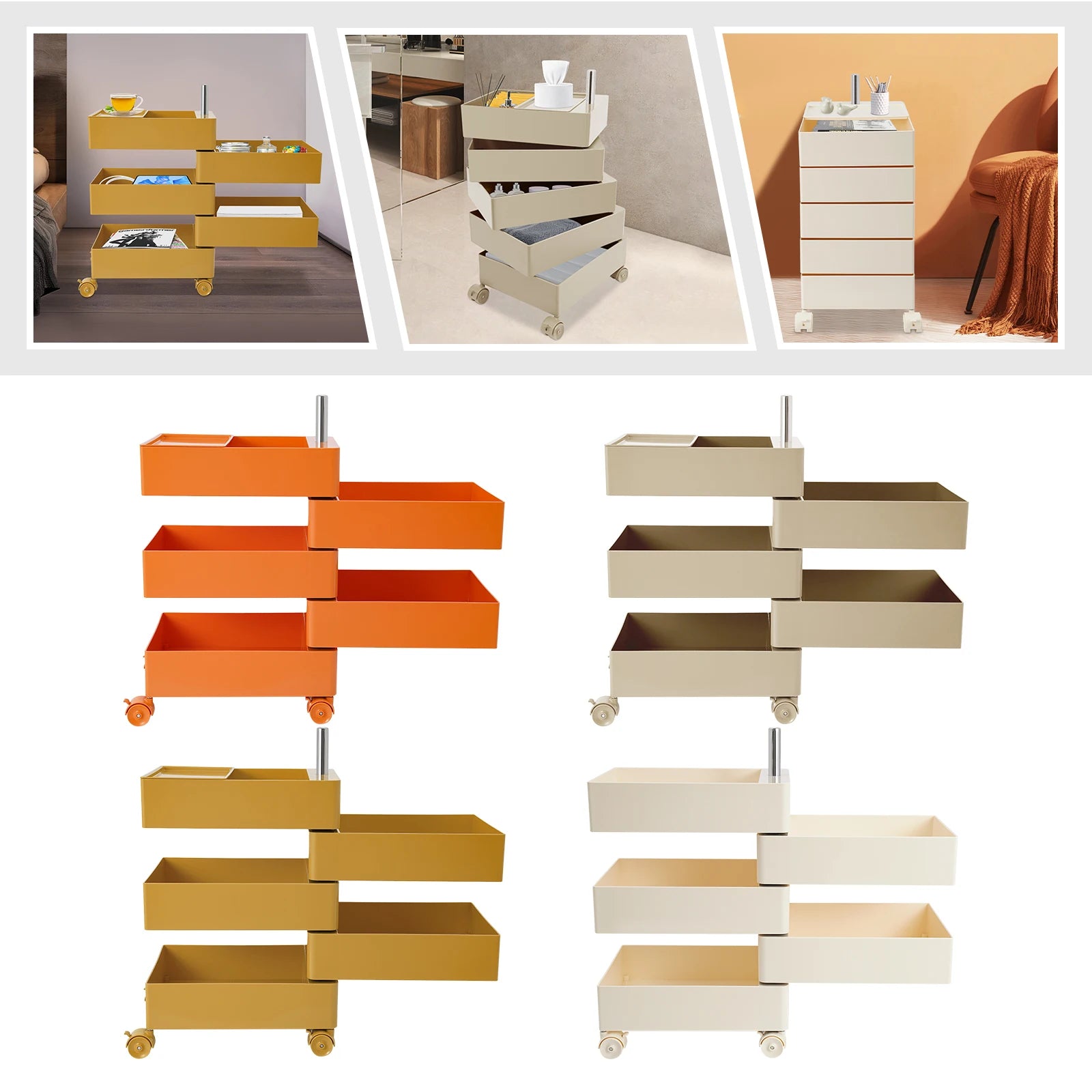 5 Tiers 360° Rotating Sofa Side Metal Cabinet,White/Orange/Khaki/Yellow Freestanding Storage Rack 41.5*31.5*61cm for Kitchens