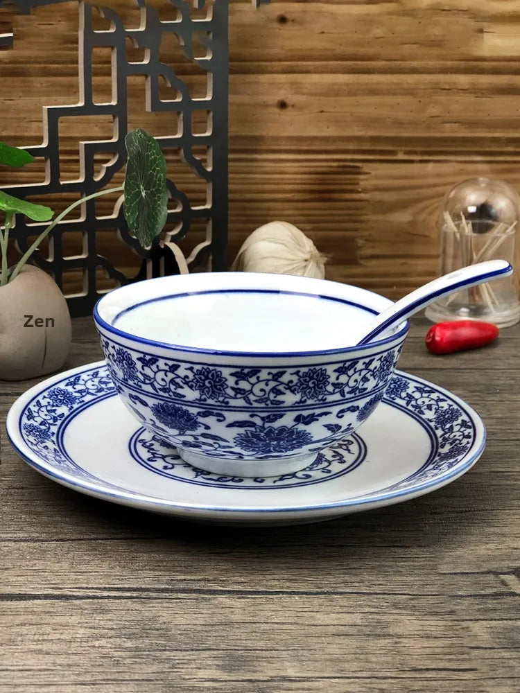 Chinese Sle Cerc Blue And White Dinnerware Set Thiened Bone Bowl Plate Tea Cup Spoon Four-Piece Table Setting