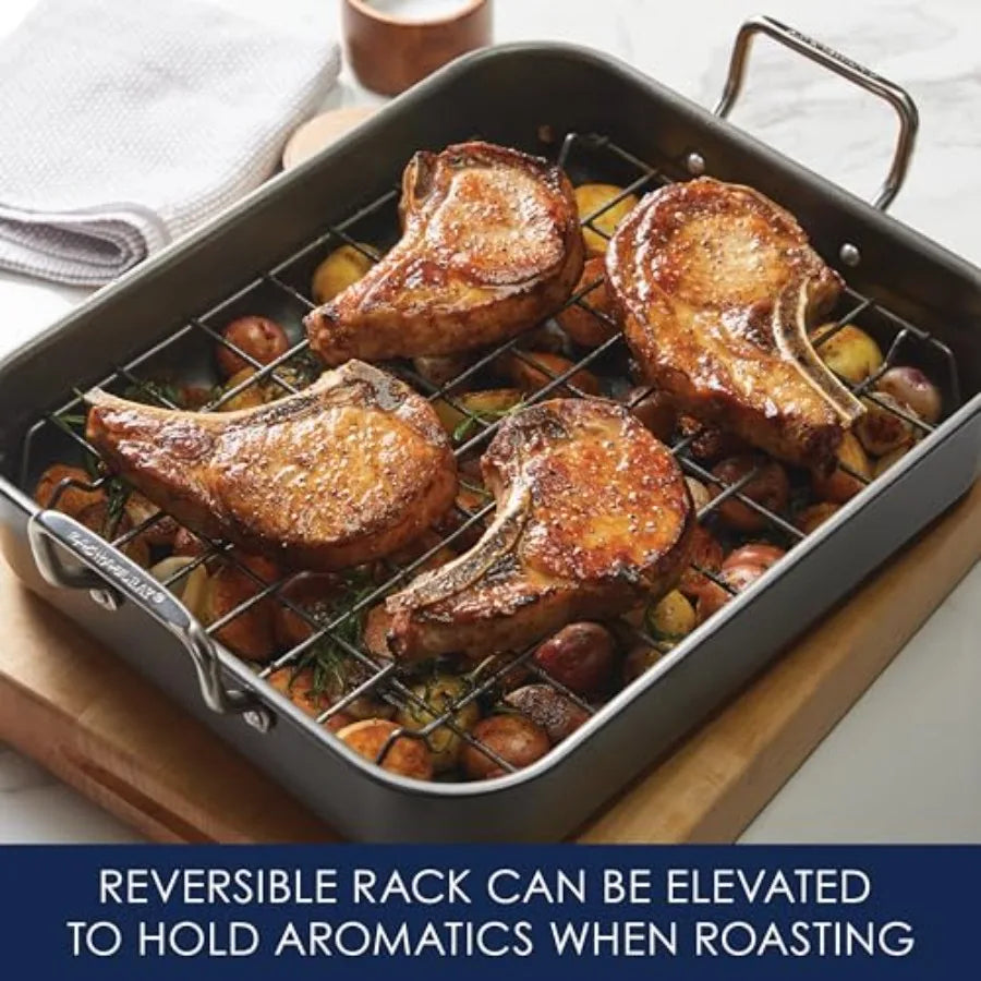 Bakeware Nonstick Roaster/Roasting Pan with Reversible Rack 16.5 Inch x 13.5 Inch Gray