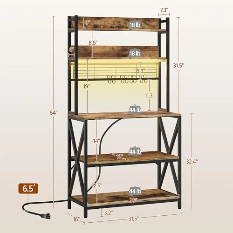 Kitchen bakers rack for coffee bar use, rustic brown metal and wood, 5-tier with power outlet, LED lights, 8 S-hooks, 64-inch t