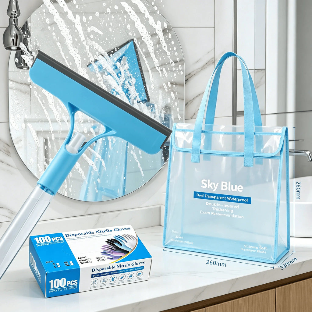 Bathroom Cleaning Essentials Kit: 100PCS Disposable Nitrile Gloves, Handheld Spray Squeegee with Water Tank & PVC Waterproof Storage Caddy, Complete Set for Glass Mirror and Kitchen Sink
