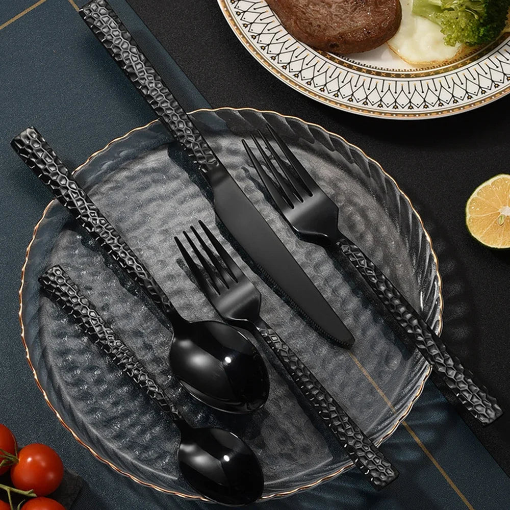 Luxury 5pcs Stainless Steel Cutlery Set Hammered Steak Knife Fork Spoon Western Dining Tableware for Restaurant Kitchen Bar
