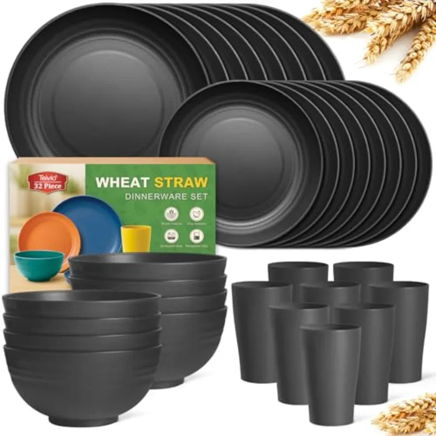 32-Piece Kitchen Plastic Wheat Straw Dinnerware Set Service for 8 Unbreakable Modern Dish Set - Dinner Plate/Dessert Plate/Cere