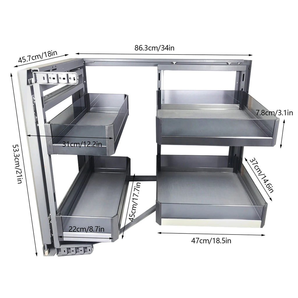 2Tier 14" Blind Corner Cabinet Pull Out with 4 Detachable Shelves Universal Mount Right or Left Corner Kitchen Cabinet Organizer