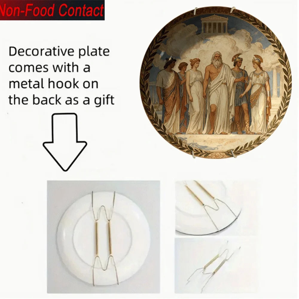 1pc Greek Mythology Ceramic Decorative Plate - Non-Food Contact, Classic Round Tabletop Art with Zeus, Athena, Poseidon, Hera,