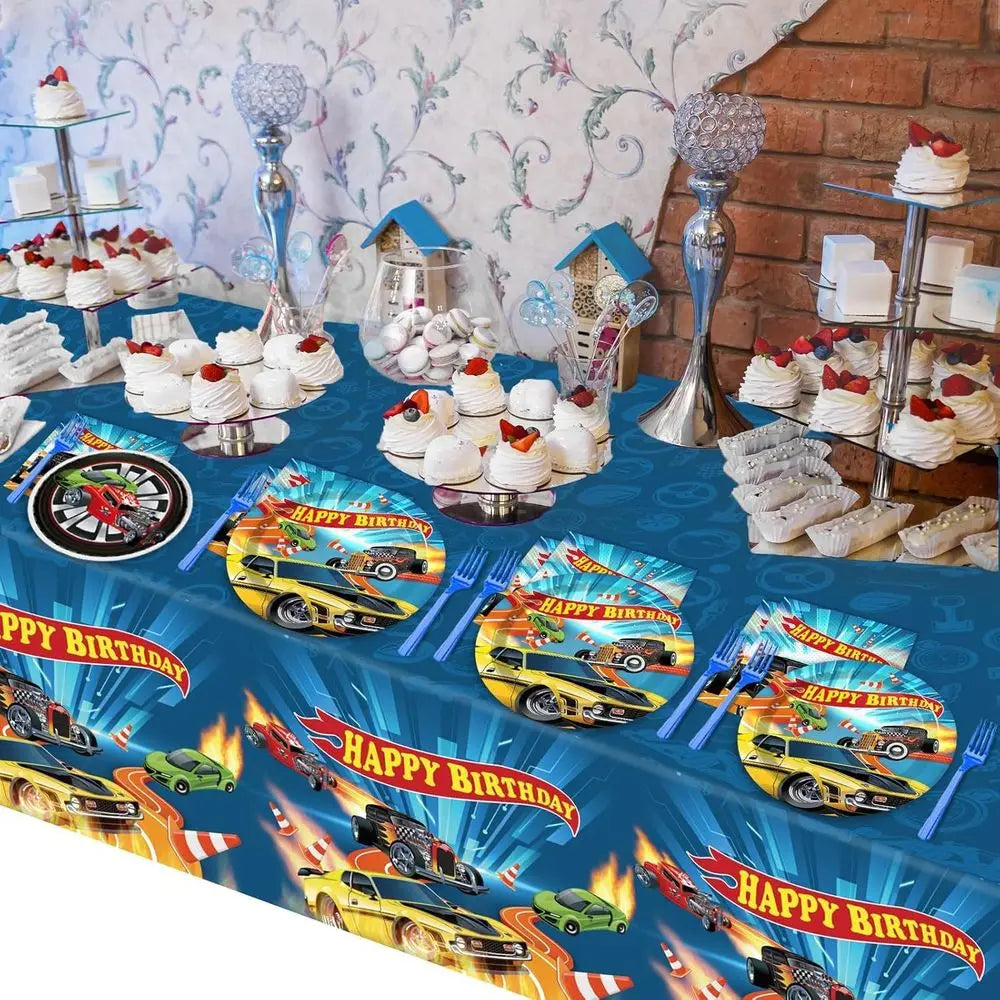 98 Pieces Racing Car Party Decorations for 24 Guests Hot Car Tableware Set Racing Car Plates Napkins Tablecloth Party Supplies K