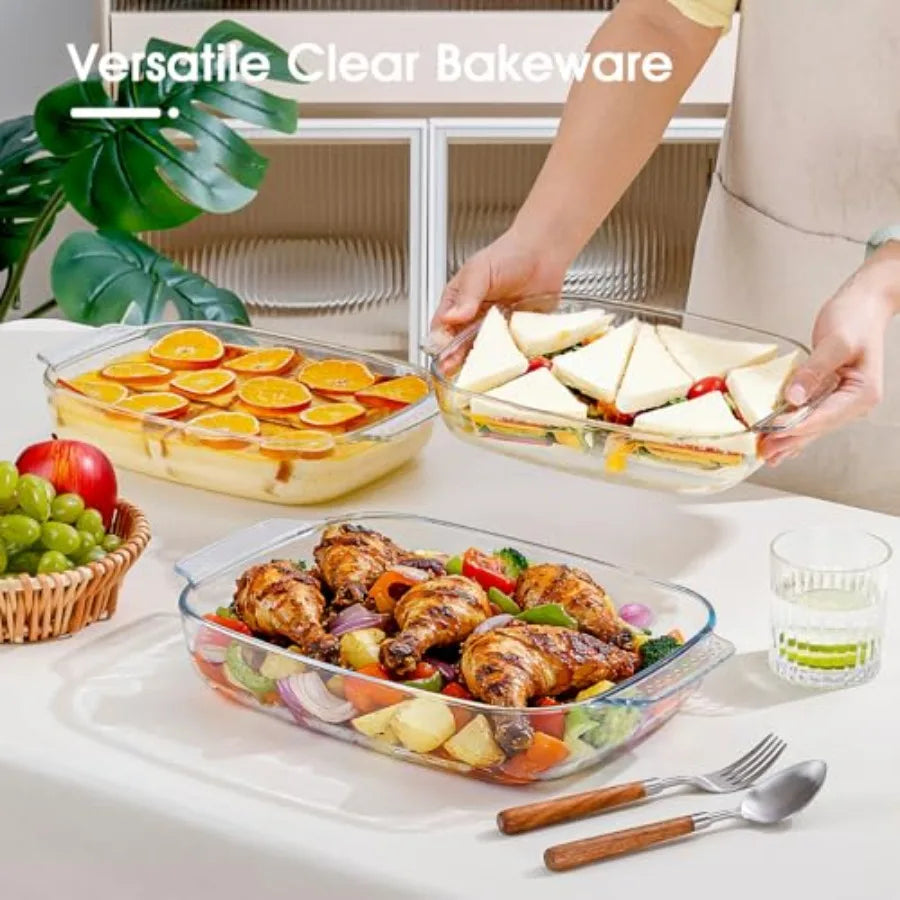 Large Glass Baking Dish Set, Easy Grab Oven Safe Glass Pan for Cooking 2 QT+2.7 QT+3.3 QT