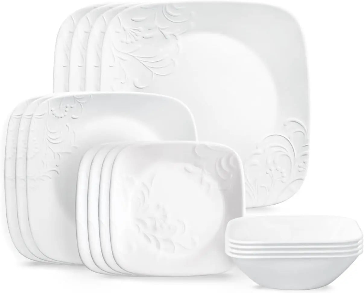 Cherish 16pc Dinnerware Set, Service for 4, 8 Plates 8 Bowls, Chip & Break Resistant, White   ware