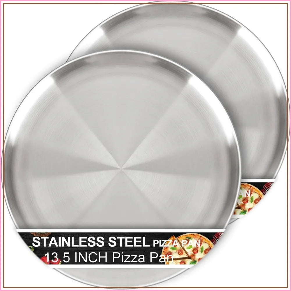 13½ Inch Pizza Pan Set of 2, Non-Stick Stainless Steel Round Baking Tray for Oven, Dishwasher Safe, Easy Clean