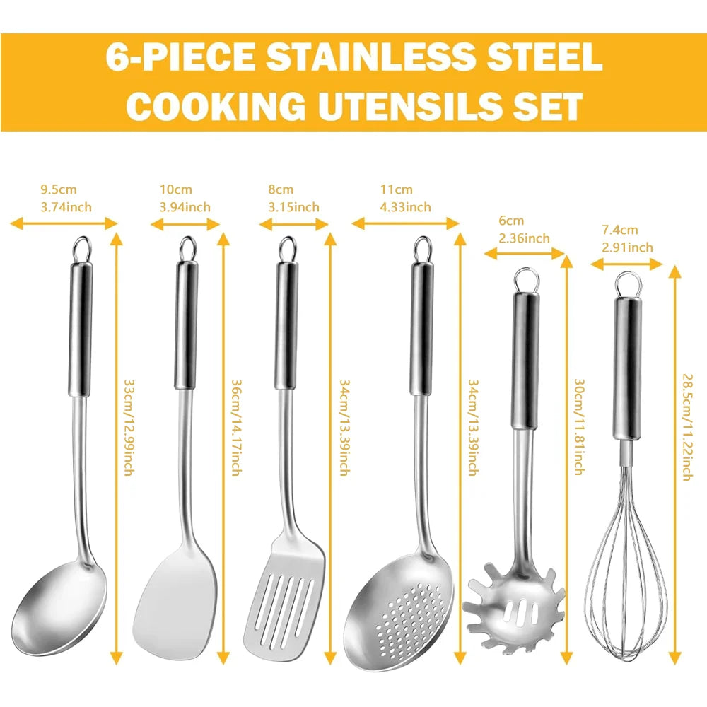 6pcs Kitchen Cooking Utensils Set, Stainless Steel, with Suspendable Handle, Spatula, Slotted Turner, Soup Ladle, Slotted Spoon