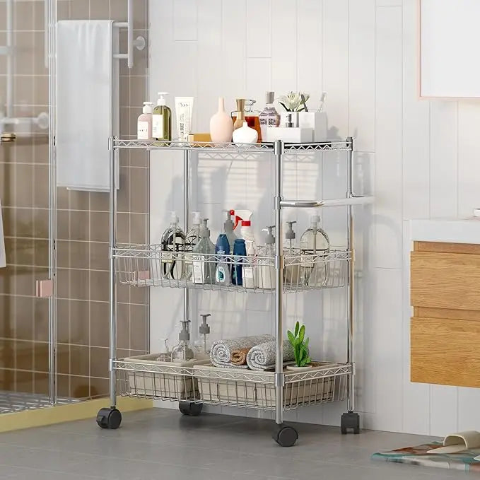 3 Tier Rolling Storage Cart, Adjustable Wire Storage Shelving Unit, Kitchen Cart On Wheels with Basket and Handle for Laundry Ba