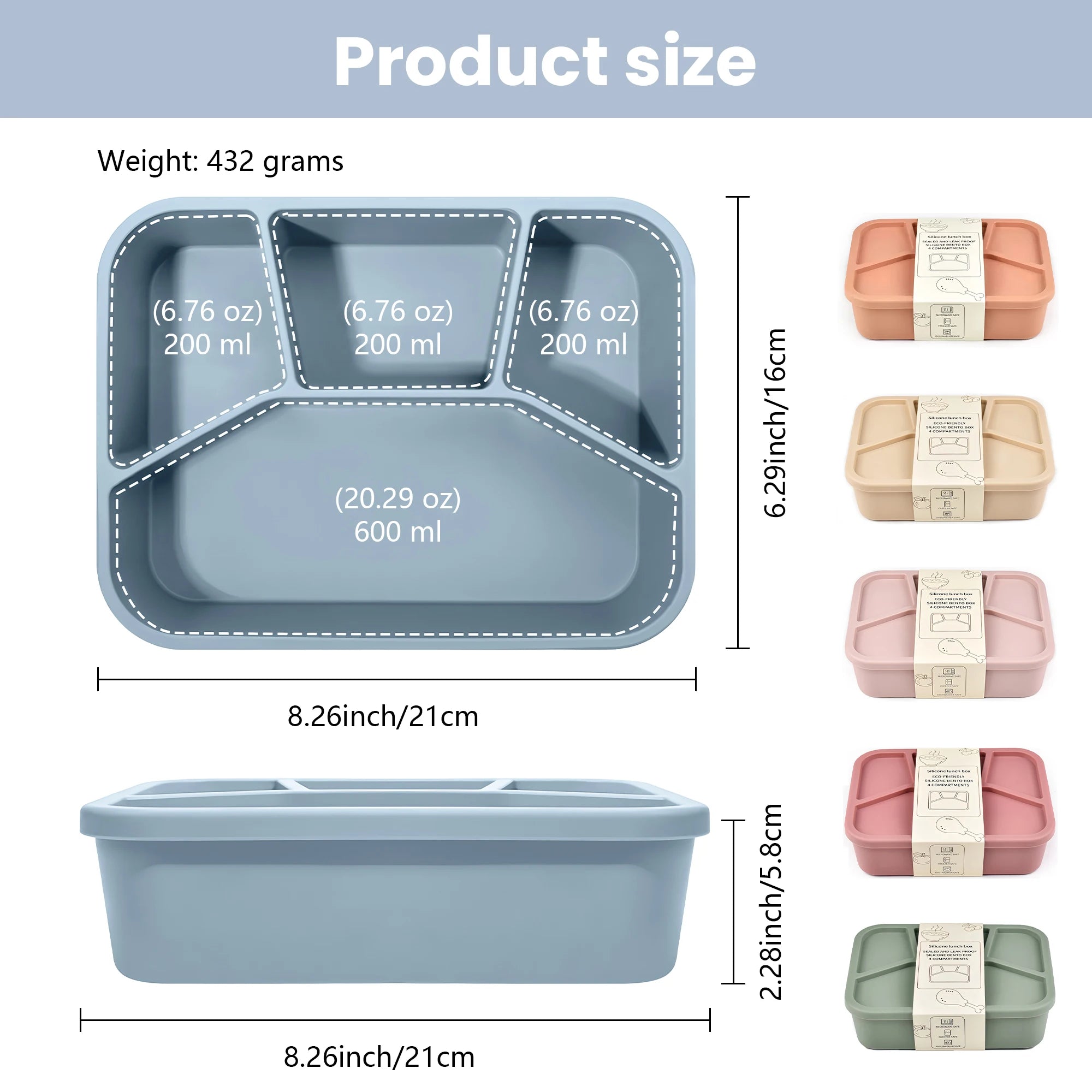 Silicone Bento Box,FourCompartments,Reusable Silicone Lunch Box,Thickened and Leak-Proof Food-Grade Divided Lunch back to school
