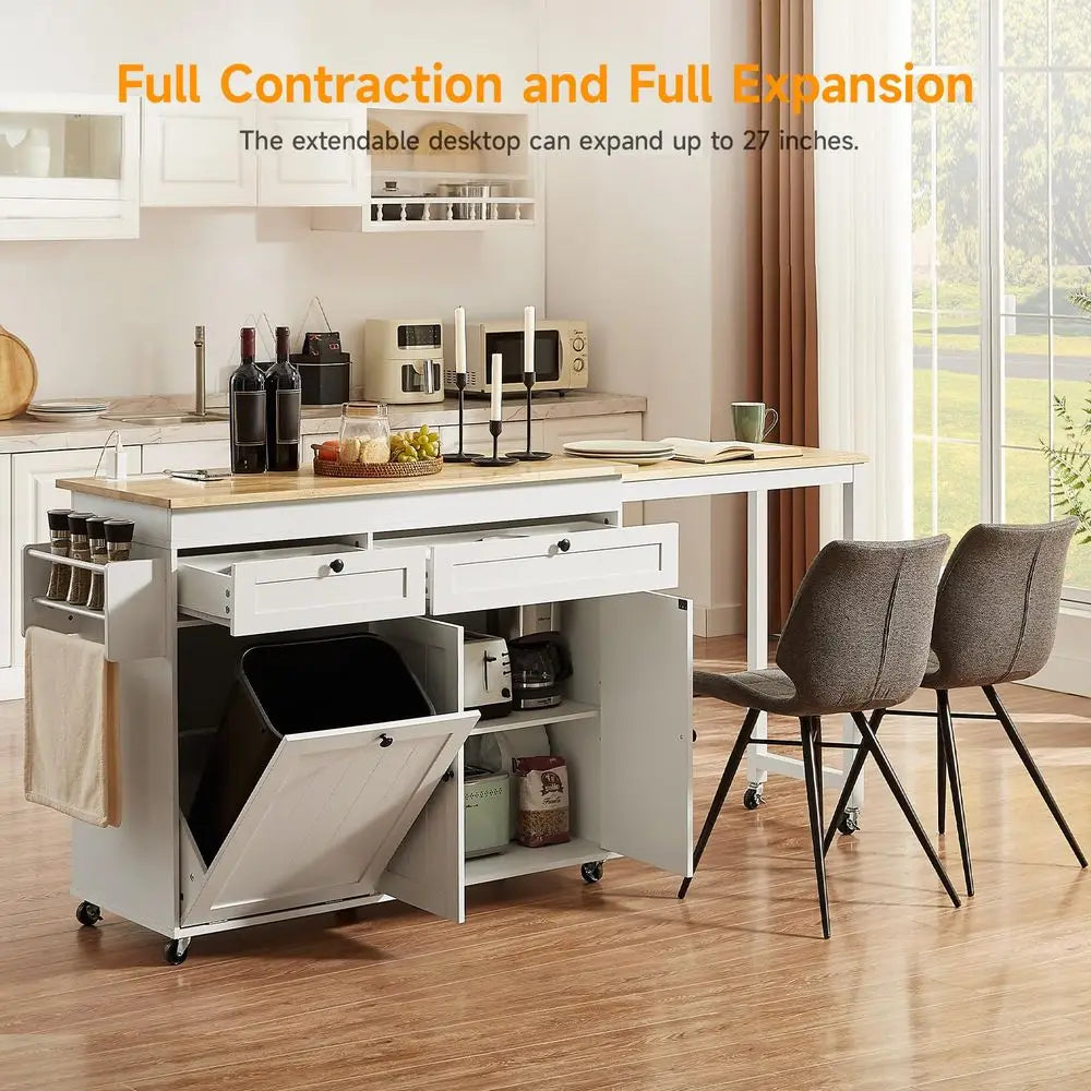 Kitchen Islands with Extendable Dining Table, 81.7 Mobile Kitchen Storage Islands, Rolling Kitchen Cart with Trash Cabinet, Pow