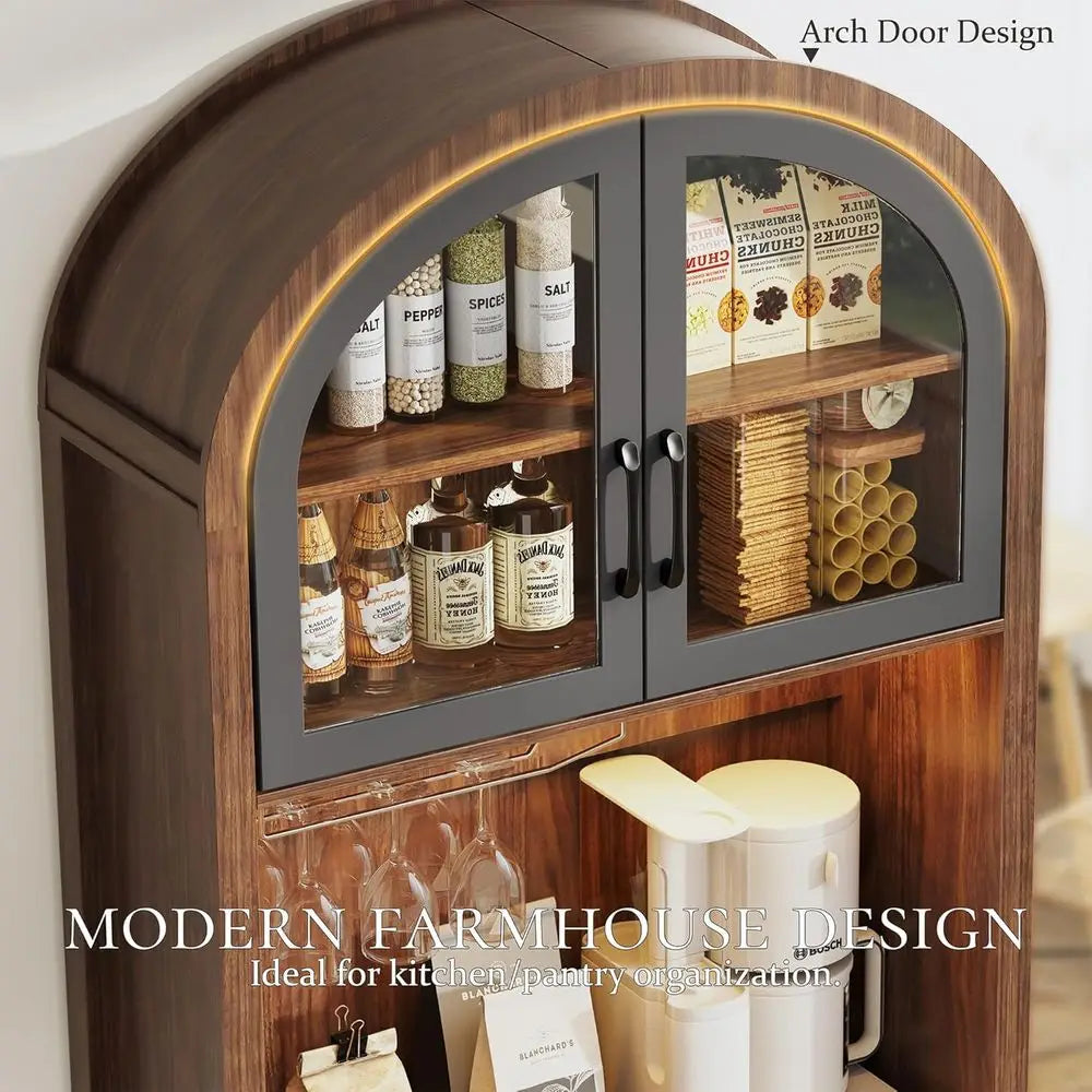 75 Tall Arched Pantry Cabinet with Charging Station, LED Light, and Adjustable Shelves for Kitchen, Coffee Bar, or Dining Room