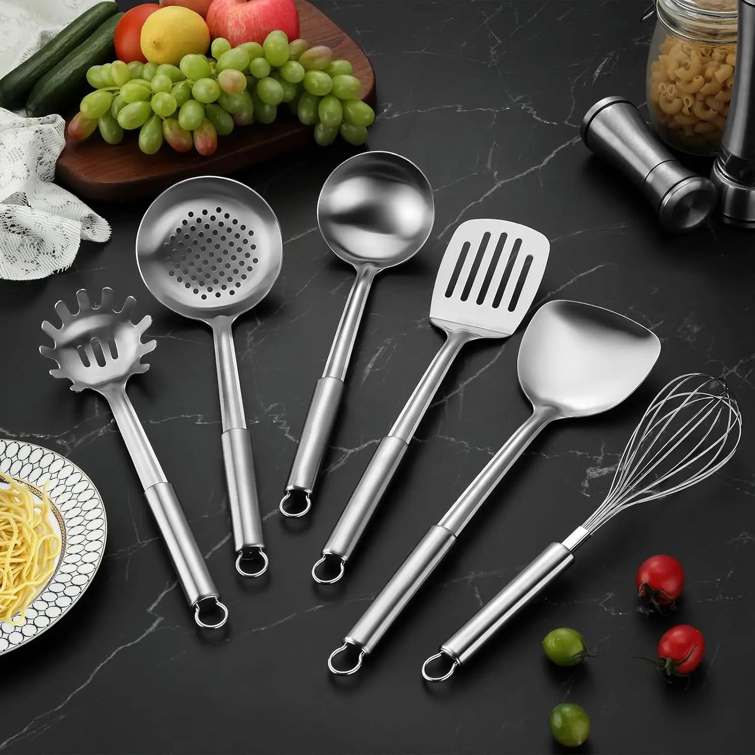 6pcs Kitchen Cooking Utensils Set, Stainless Steel, with Suspendable Handle, Spatula, Slotted Turner, Soup Ladle, Slotted Spoon