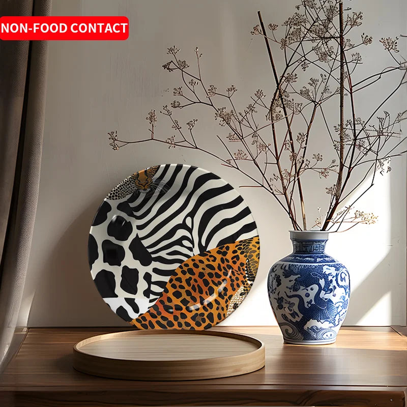 1pc Non-Food Contact Animal Print Ceramic Decorative Plate - Zebra & Leopard Artistic Design, Round Tabletop Display for Home,