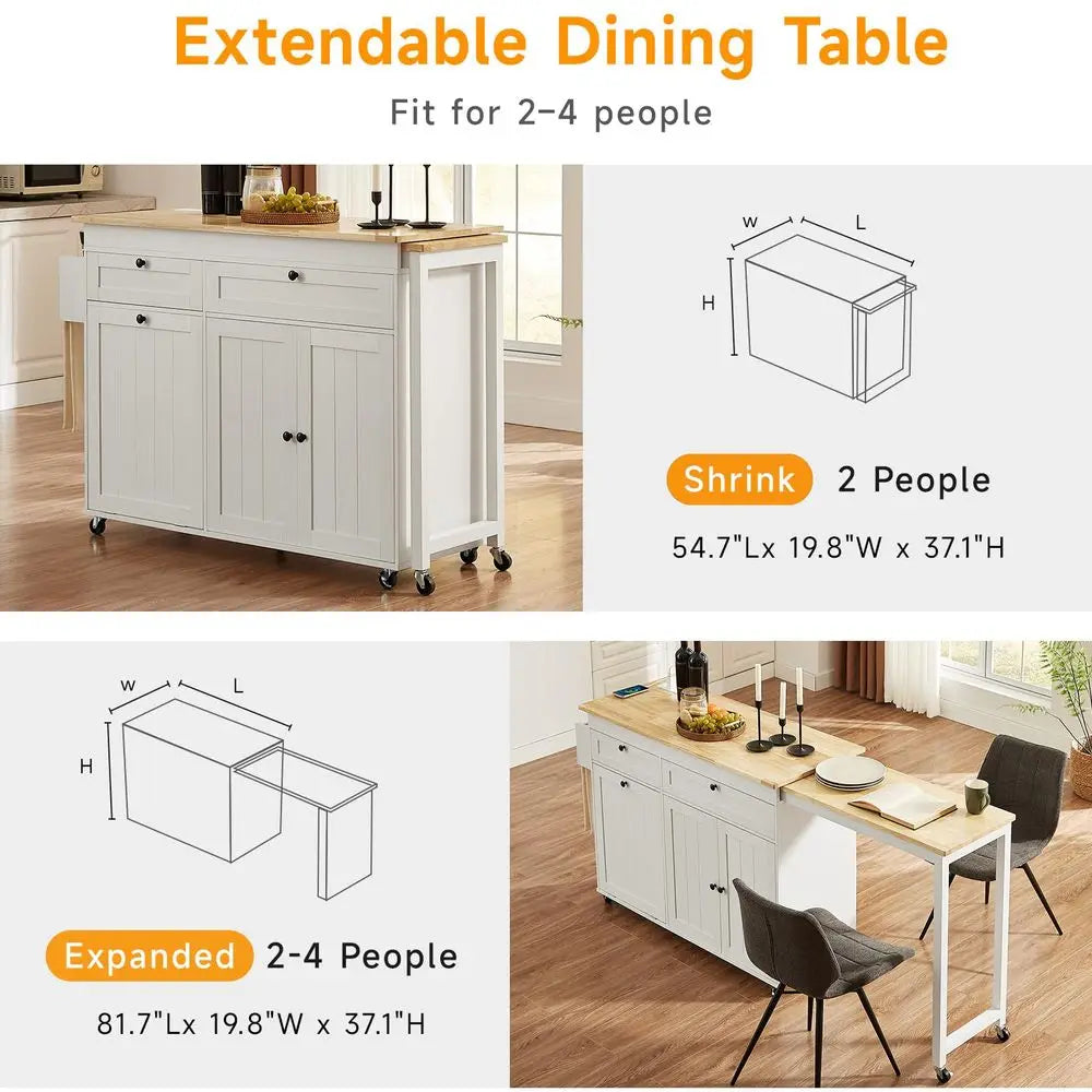 Kitchen Islands with Extendable Dining Table, 81.7 Mobile Kitchen Storage Islands, Rolling Kitchen Cart with Trash Cabinet, Pow