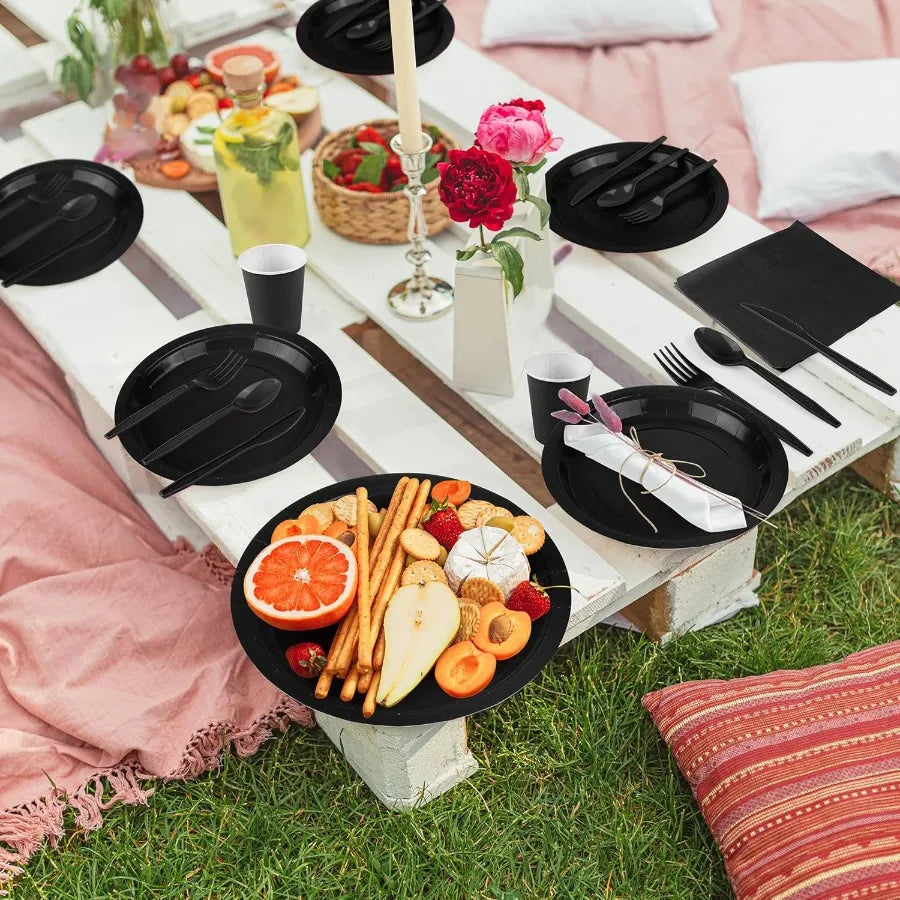 350 Pieces Black Paper Dinnerware Set with 7 Inch and 9 Inch Disposable Dinner Plates Paper Cups Cutlery and Napkins for Servin
