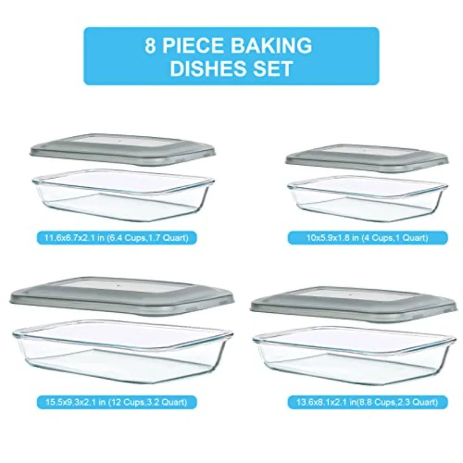 8 Pieces Glass Baking Dish with Lids Rectangular Glass Baking Pan Bakeware Set with Lids Baking Pans for Lasagna Leftovers Cook