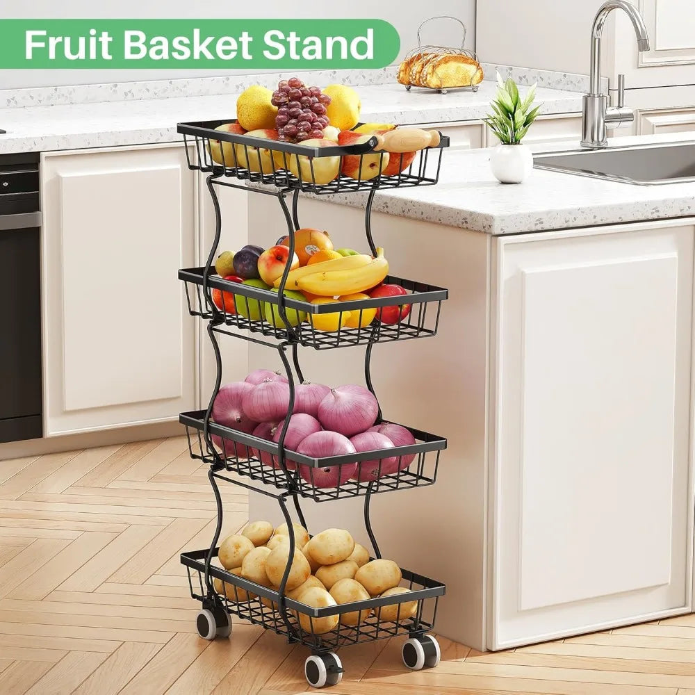 Fruit Basket Kitchen Pantry Organizers and Storage - 4 Tier Stackable Metal Wire Basket Stand for Fruit Vegetable Snacks Jars Bi