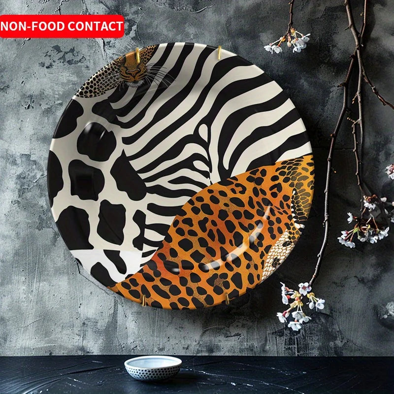 1pc Non-Food Contact Animal Print Ceramic Decorative Plate - Zebra & Leopard Artistic Design, Round Tabletop Display for Home,