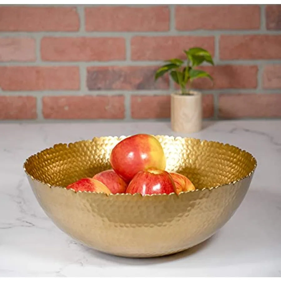Antique Style Tabletop Gold Textured Centerpiece Round Serving Platter Tray Catch-All Dish - 13 Inches Dia for Dining Living Ro