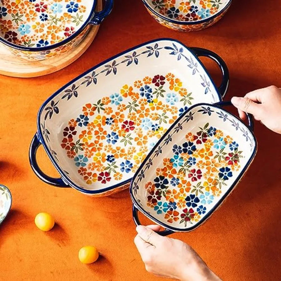 Retro pastoral style Ceramic Baking Dish Rectangular Bakeware Set Baking Pan, 2-piece Hand-painted Porcelain Baking pan with ha