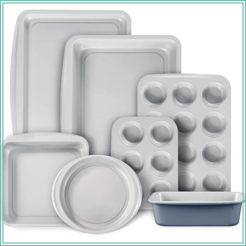 7-Piece Nonstick Baking Pans Set - Stackable Bakeware with Cookie Sheet, Muffin Pan, Loaf Pan, Cake Pan, Roasting Pan, Gray & Blue