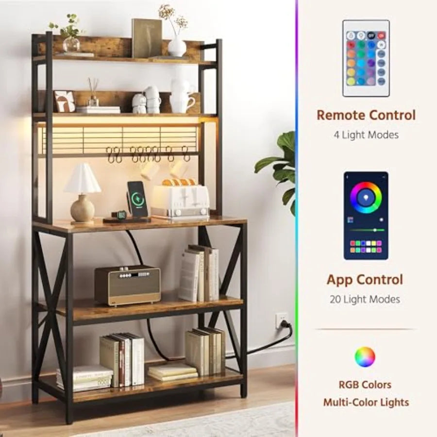 Kitchen bakers rack for coffee bar use, rustic brown metal and wood, 5-tier with power outlet, LED lights, 8 S-hooks, 64-inch t