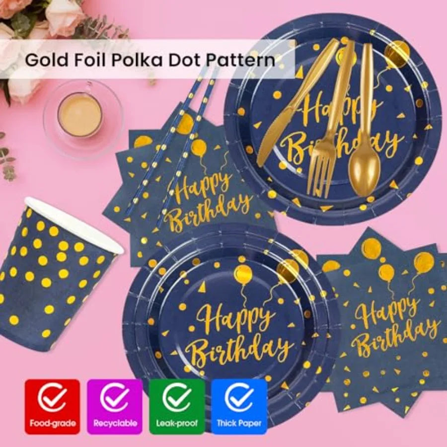 400PCS Deep Blue and Gold Disposable Dinnerware Set for Graduation and Birthday Parties: Includes Paper Plates Napkins Cups Str