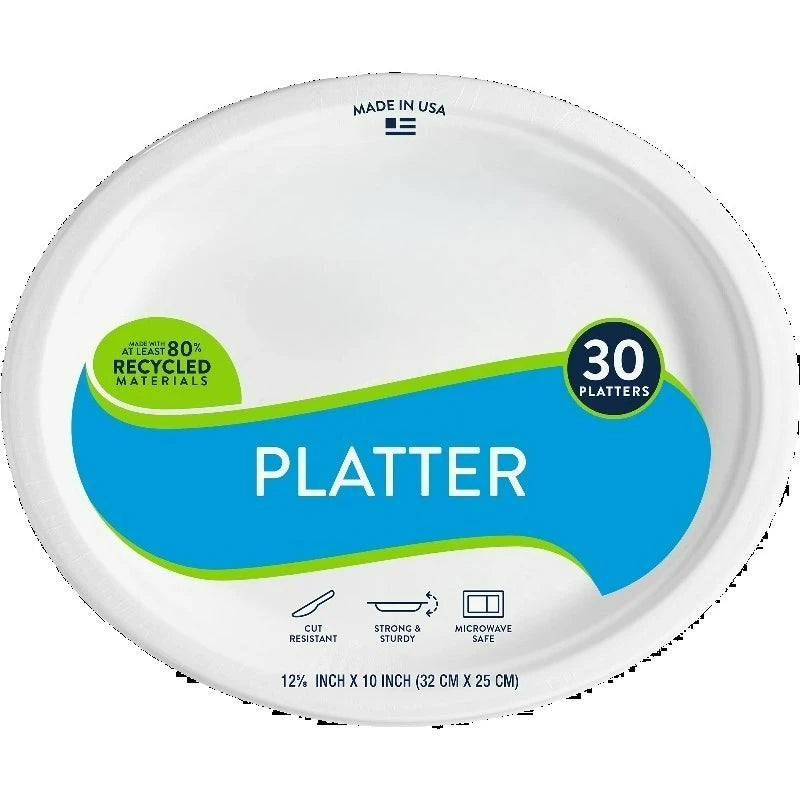Premium Disposable Paper Platters 12 ⅝ x 10", White, 30 Count