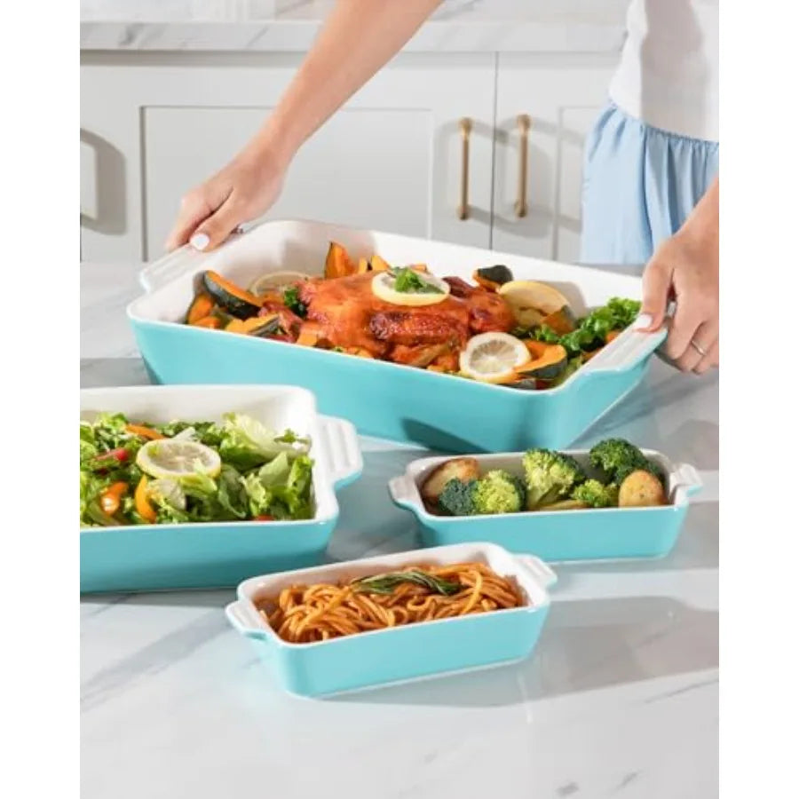 Ceramic Bakeware Set of 4, Casserole Dishes for Oven, Rectangular Baking Dish with Handles, Lasagna Pans Deep for Cooking, Grat