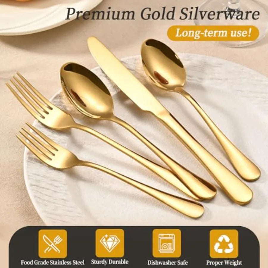 60 Piece Gold Silverware Set for 12 Bulk Stainless Steel Gold Flatware Cutlery Set Food Grade Utensil Set Include Forks Knives
