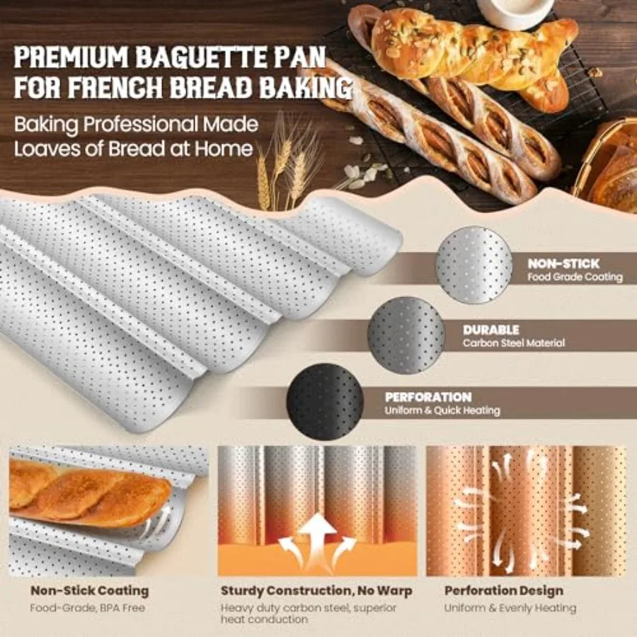 Baguette Bread Pan, Premium Nonstick Perforated Baguette Pan for French Bread Baking, 4 Loaves Baguette Baking Tray for Sourdou