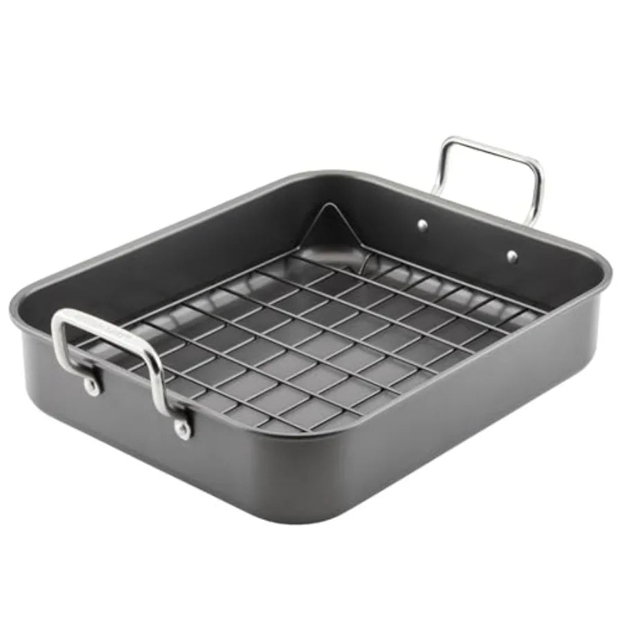 Bakeware Nonstick Roaster/Roasting Pan with Reversible Rack 16.5 Inch x 13.5 Inch Gray