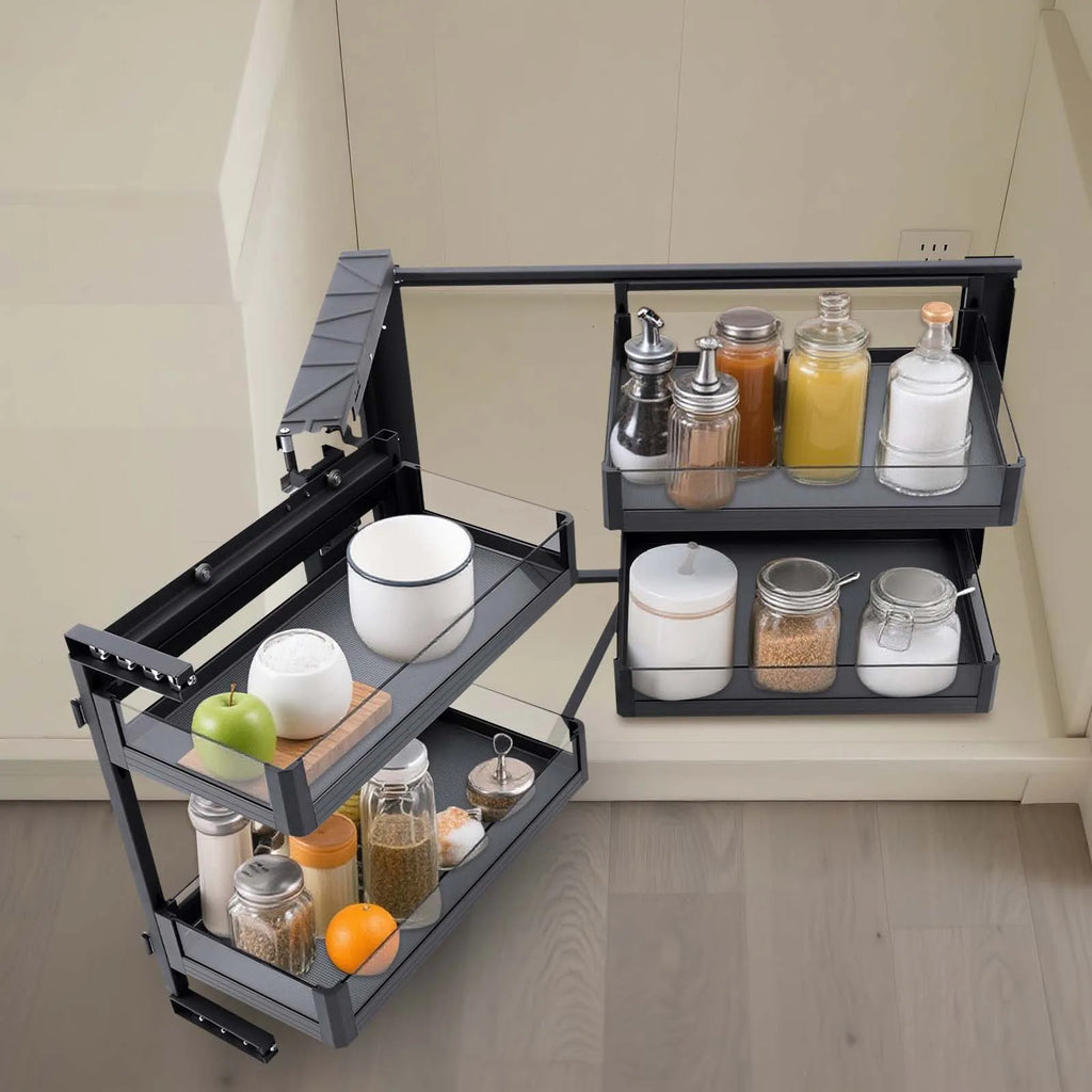 2Tier 14" Blind Corner Cabinet Pull Out with 4 Detachable Shelves Universal Mount Right or Left Corner Kitchen Cabinet Organizer