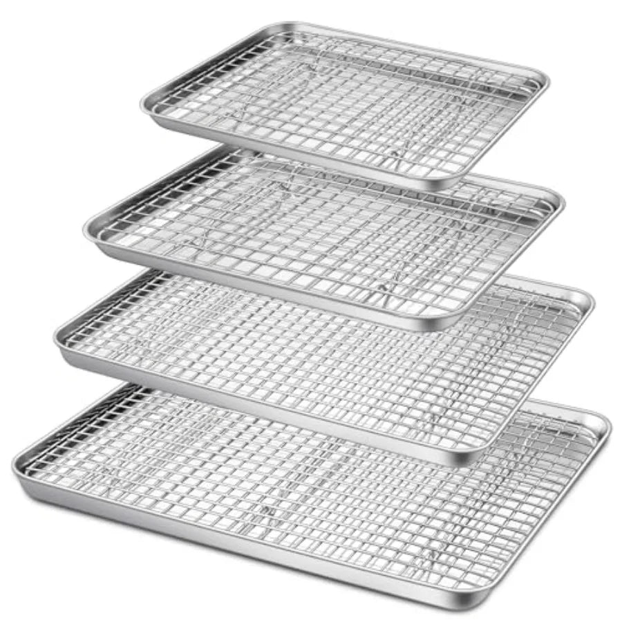 16 + 12.5 + 10.4 + 9 Inch Baking Sheet and Rack Set 8Pcs Stainless Steel Cookie Sheets Oven Baking Trays Cooling Racks for Cook