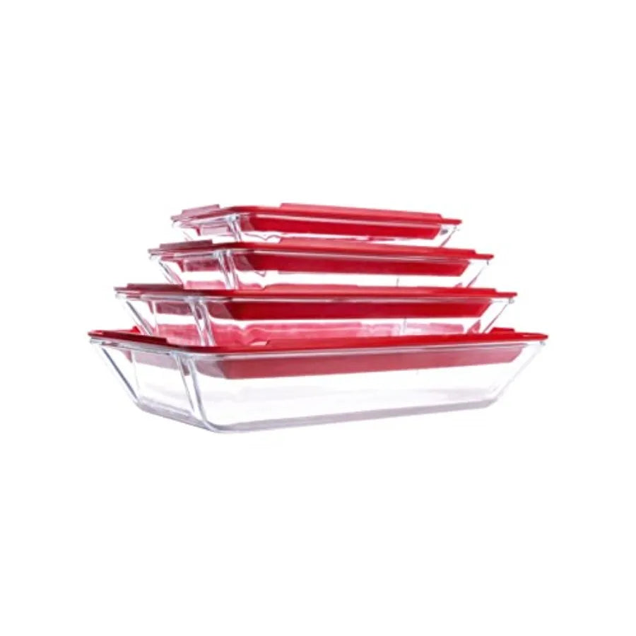 Set of 8 PCS Nesting Tempered Glass Bakeware Set, 4x Glass Baking Dishes and 4x BPA Free Lids. Oven, Refrigerator and Dishwashe