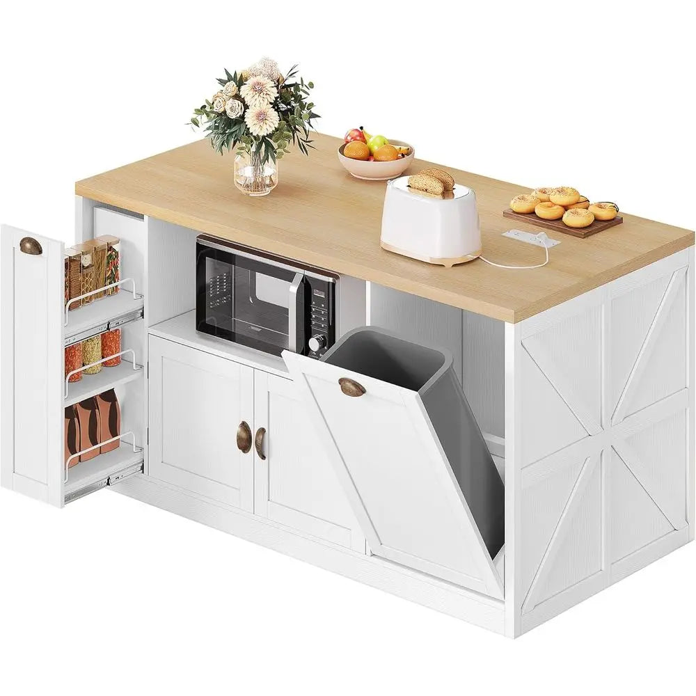 Kitchen Island with Storage, 63" W Large Island Table with Trash Can, armhouse Kitchen Islands with Power Outlet/LED, Rolling Ca