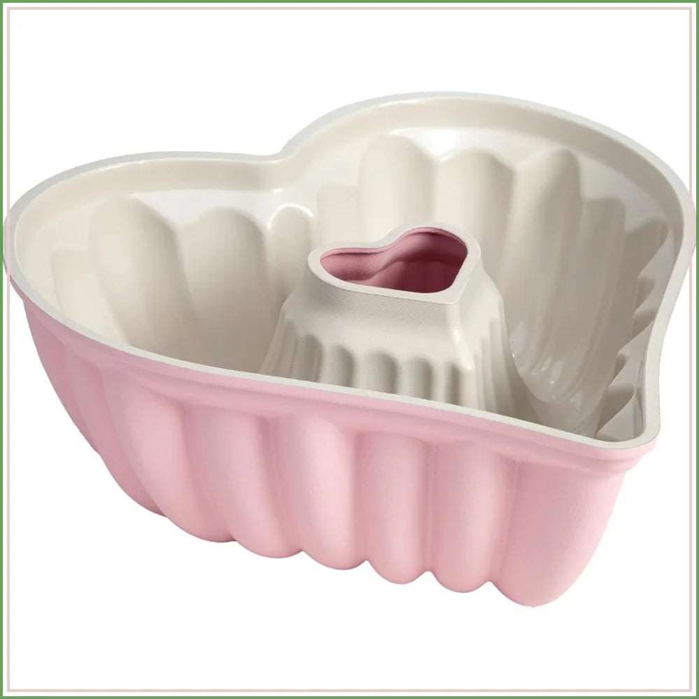 9-Inch Heart Shaped Fluted Cake Pan, Cast Aluminum Nonstick Bakeware, Dishwasher Safe, PFAS-Free, Pink