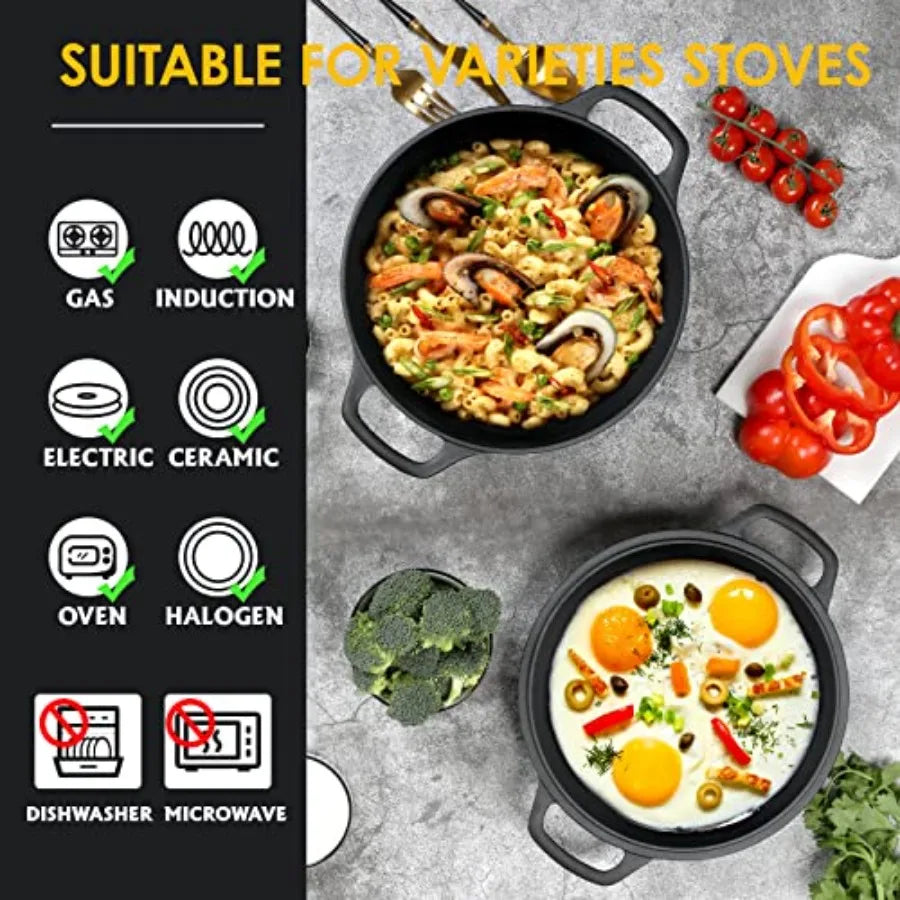 2-in-1 Pre-Seasoned Cast Iron Dutch Oven Pot with Skillet Lid Cooking Pan, Cast Iron Skillet Cookware Pan Set with Dual Handles