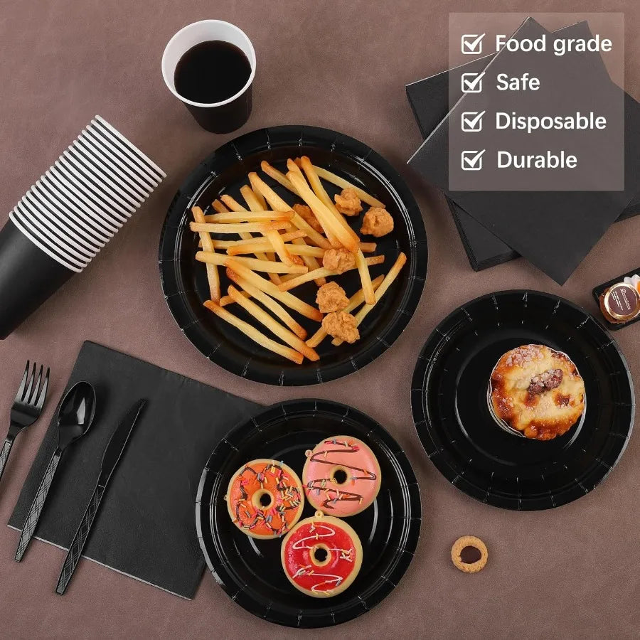 350 Pieces Black Paper Dinnerware Set with 7 Inch and 9 Inch Disposable Dinner Plates Paper Cups Cutlery and Napkins for Servin